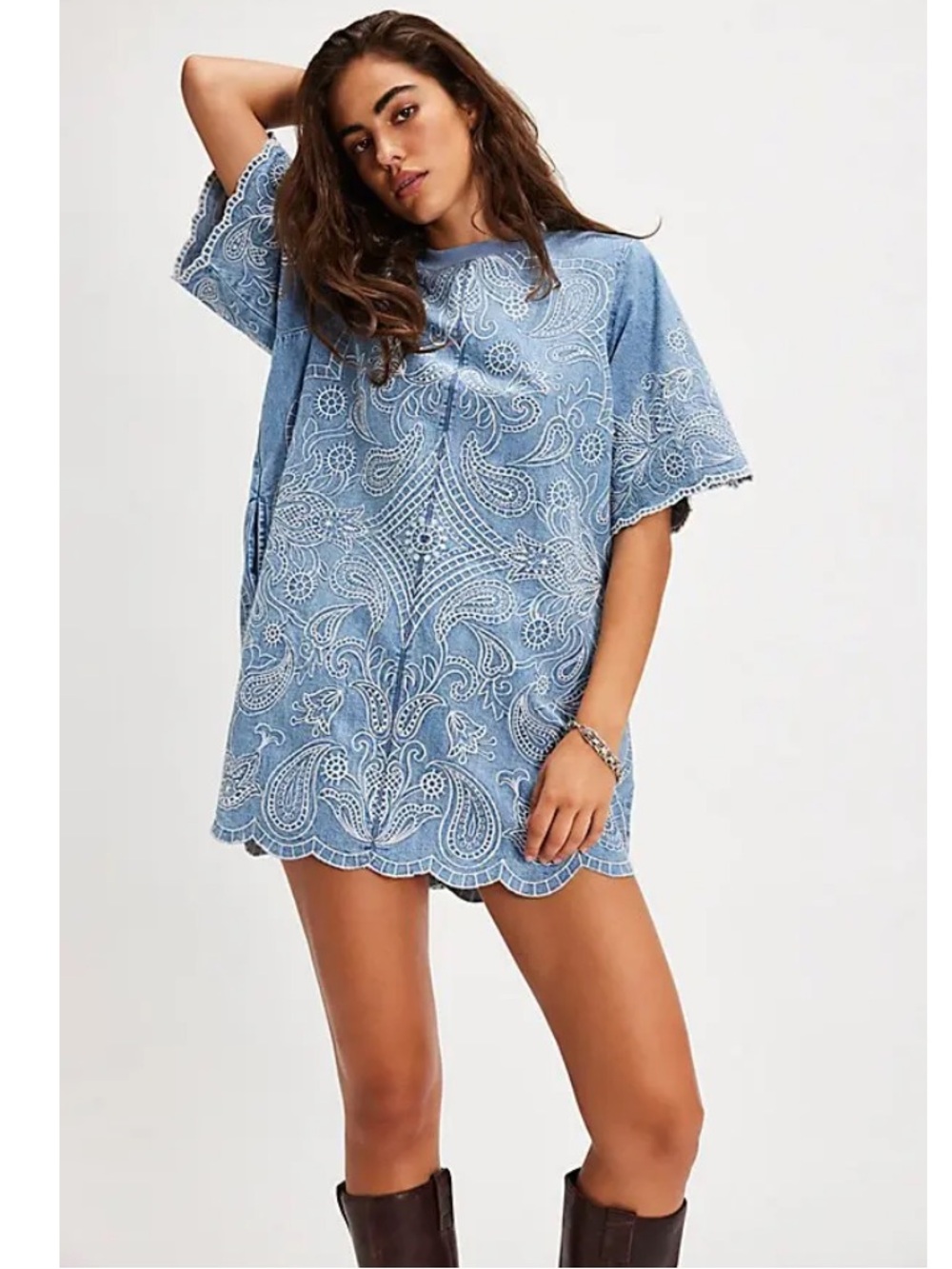 NWT FREE PEOPLE HARLOW EMBROIDERED DENIM MINI DRESS